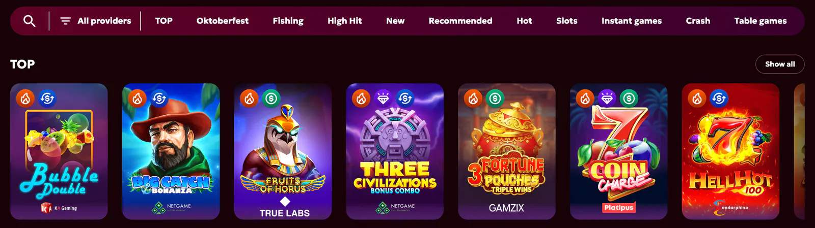 Spinobon Casino slot machines and video slots collection